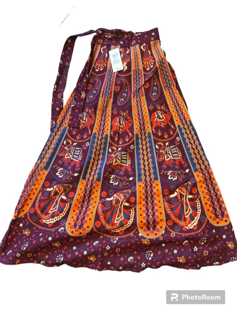 Burgundy, Orange Mixed Print Maxi Skirt Ethnic Pattern Made in India NWT